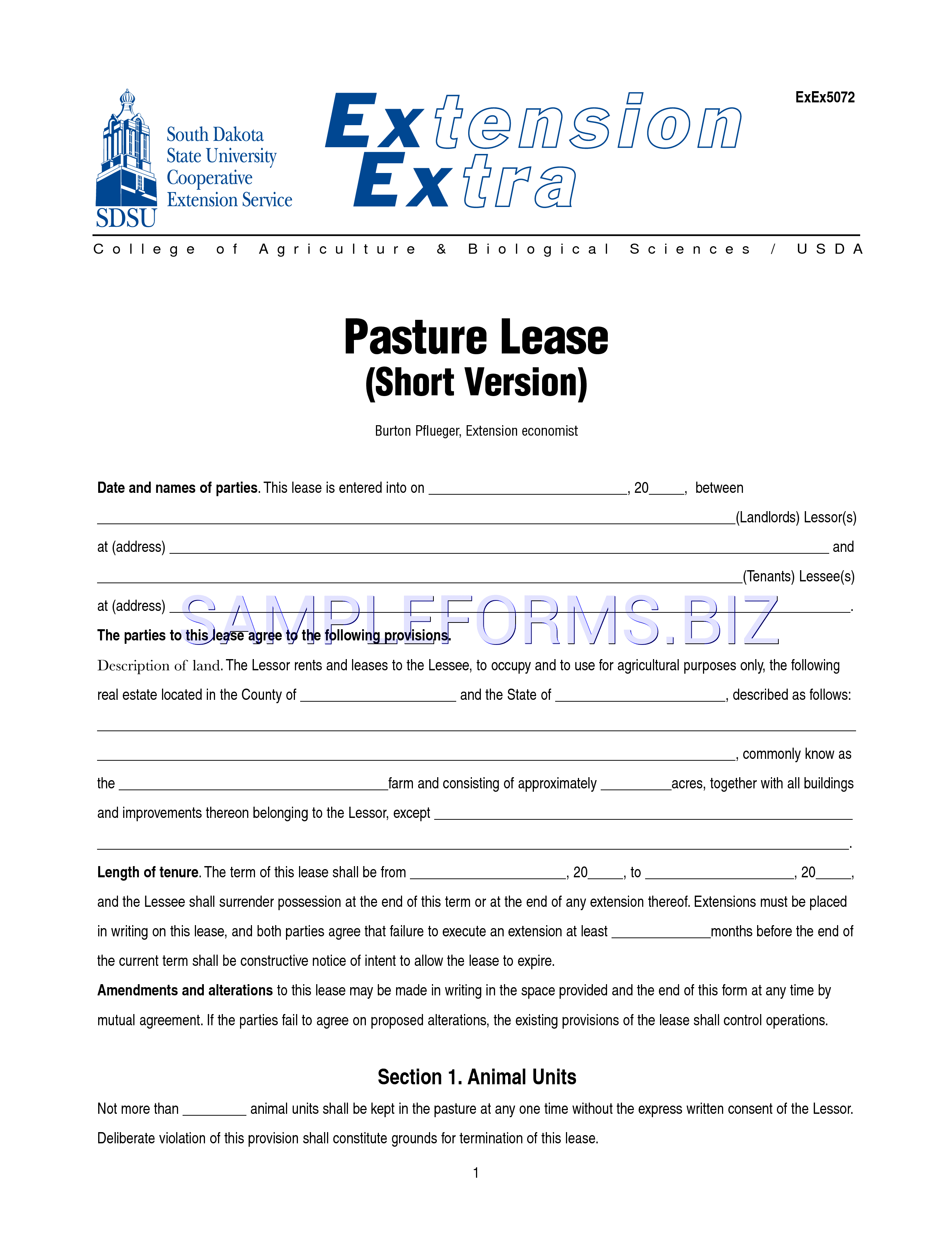 Preview free downloadable Pasture Lease (Short Version) in PDF (page 1)